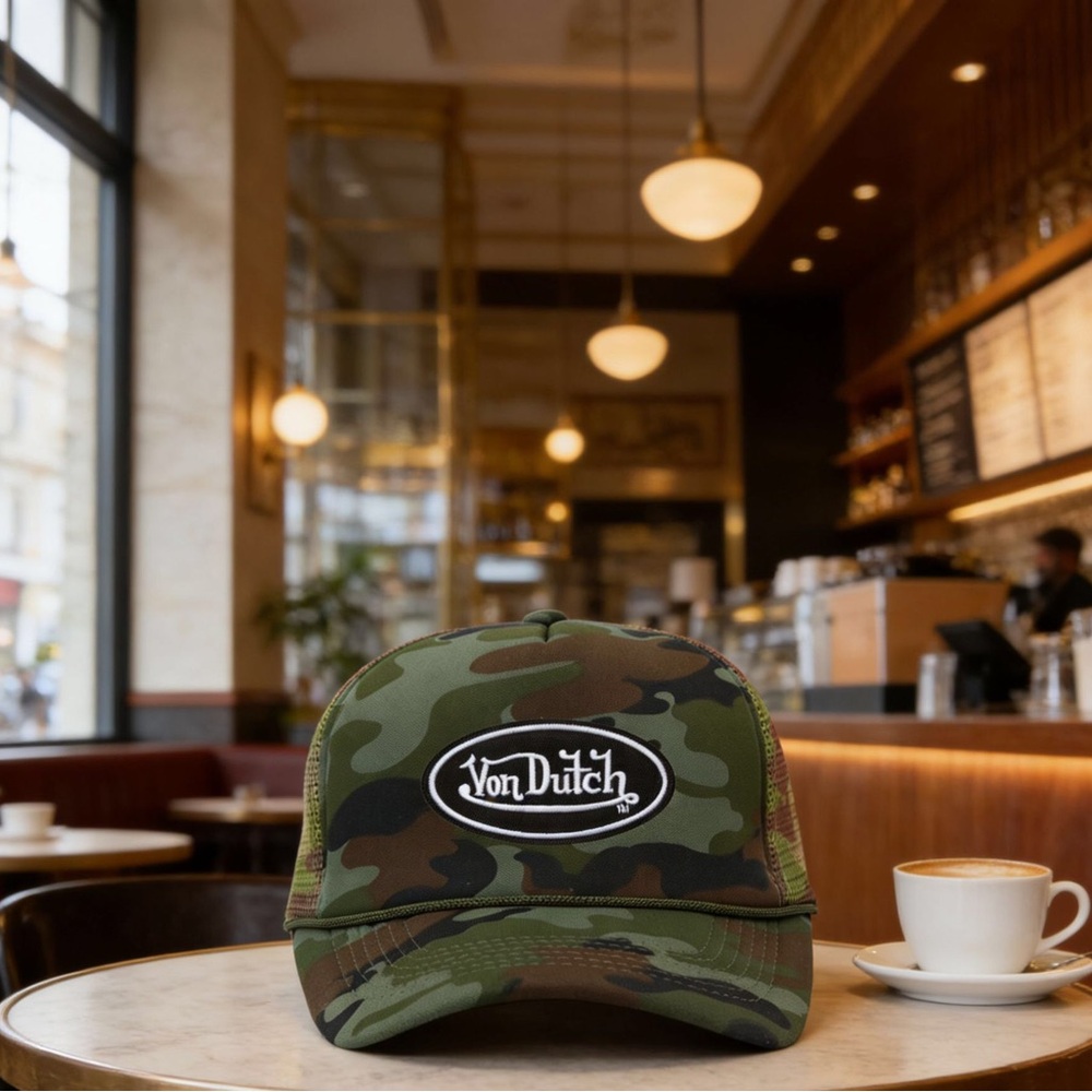 Von Dutch Olive Green Camo Mesh Trucker Cap